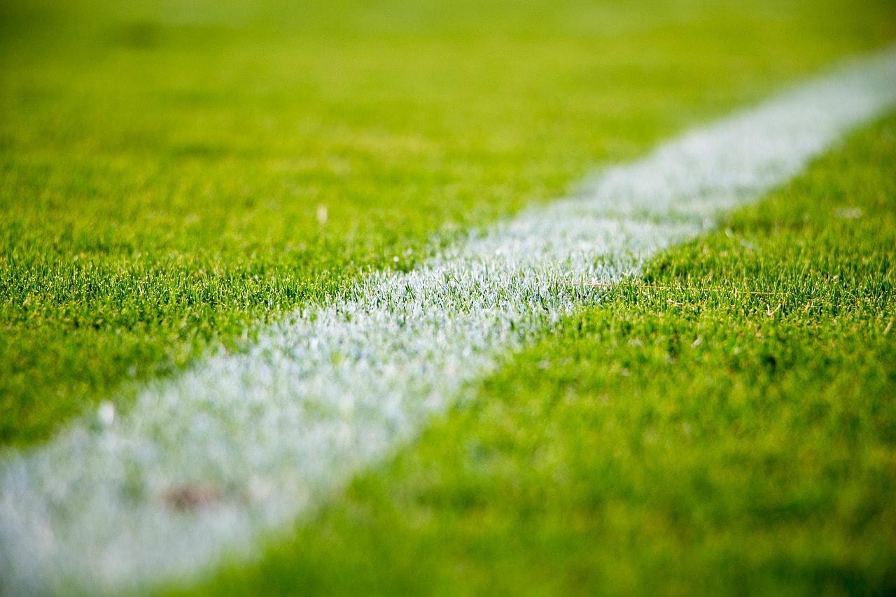 Seitenlinie auf einem Fußballrasen aus geringer Höhe fotografiert