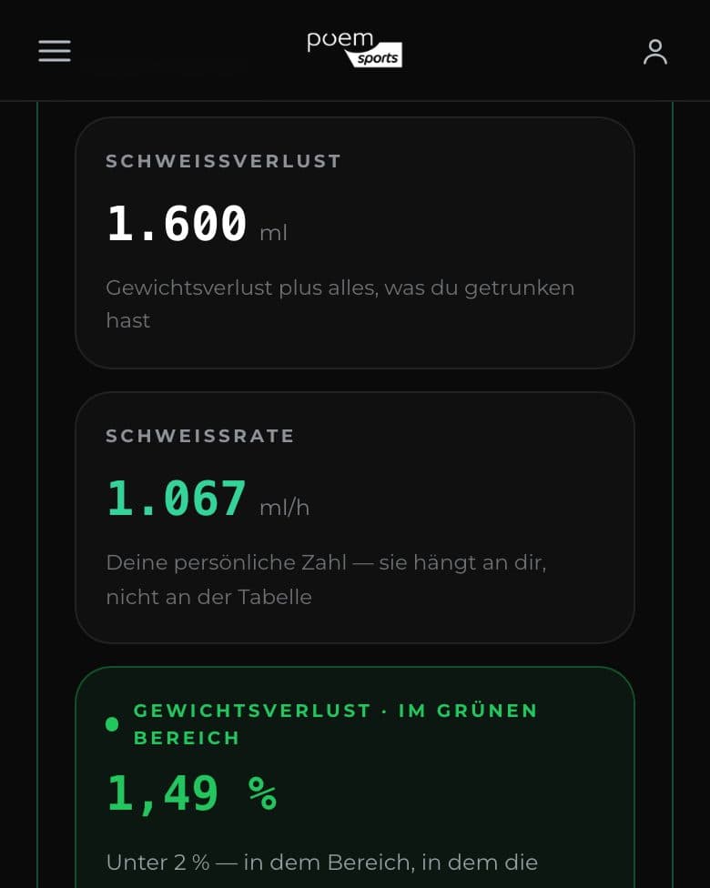 Der Sweat-Rate-Rechner im Mitgliederbereich: Schweißverlust, Schweißrate und Trinkplan, Beispieldaten